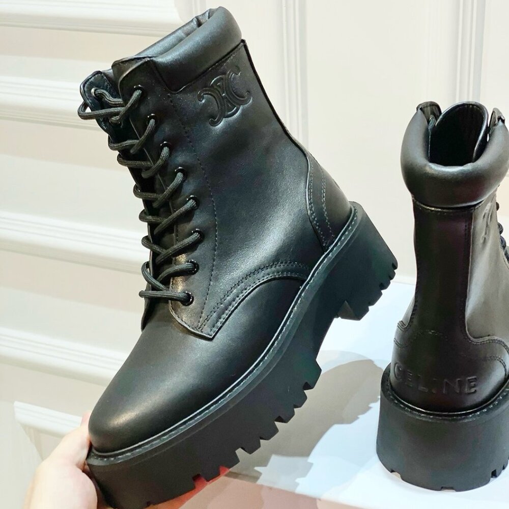 New Black Leather Triomphe  Lace Up Platform Motorcycle Ankle Boots